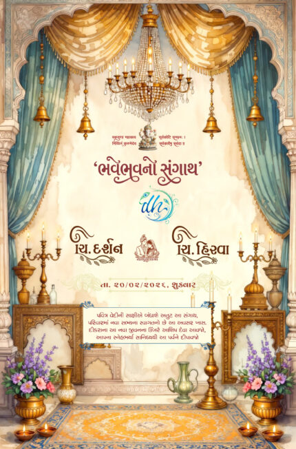 Royal Traditional Gujarati Wedding Invitation Card with Elegant Mandap Theme 2026021