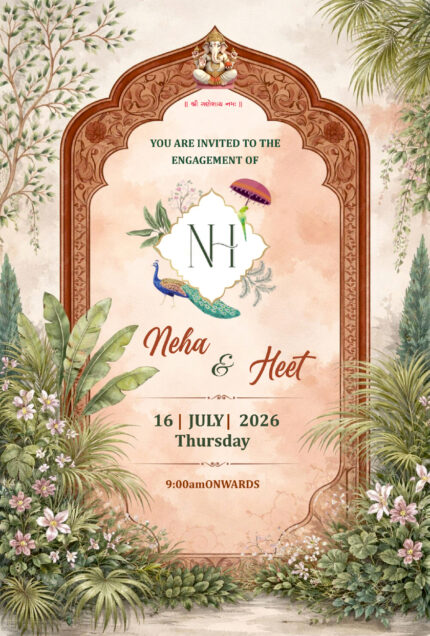 Elegant Garden Engagement Invitation | Floral Arch Ring Ceremony Card | Premium Digital Gujarati Gujarati Chandla Vidhi ENGNEW26012
