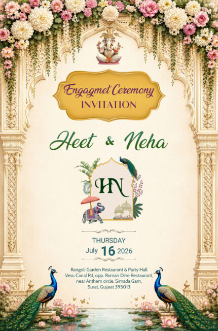 Royal Floral Palace Engagement Invitation | Luxury Ring Ceremony Card | ENGNEW26013