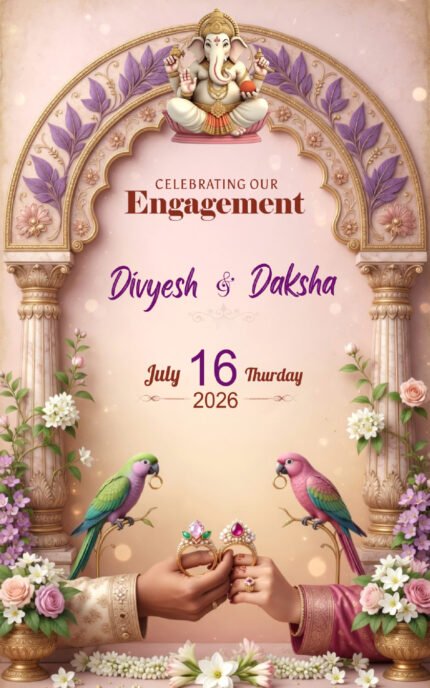 Purple Royal Engagement Invitation | Luxury Gujarati Wedding Invitation Template | ENGNEW26036