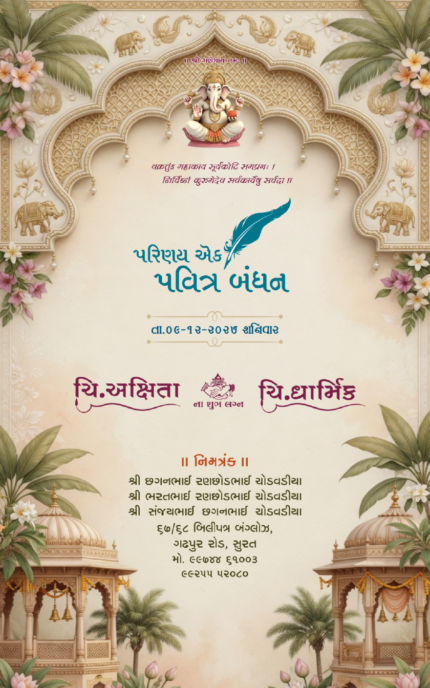 Pastel Floral Gujarati Wedding Invitation Card | Royal Golden Arch Digital Wedding Invitation 26NEW042