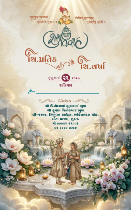Dreamy Royal Gujarati Wedding Invitation | Ivory Gold Lotus & Orchid Digital Wedding Invitation 26NEW043