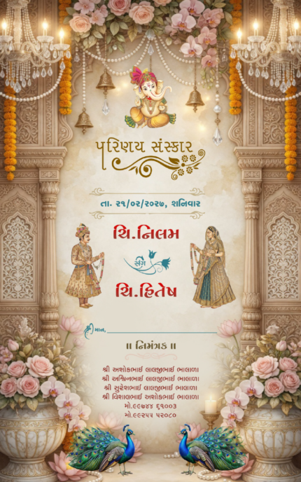 Royal Gujarati Wedding Invitation | Palace Floral Peacock Digital Wedding Invitation 26NEW045