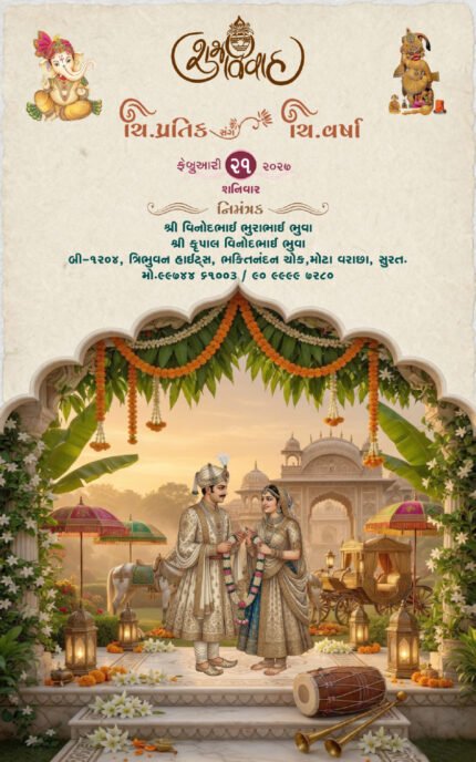 Traditional Gujarati wedding invitation with Hindu deities, temple architecture, marigold garlands, lotus flowers and royal Indian Wedding Invitation 26NEW046