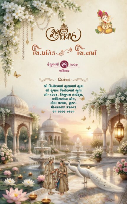 Heavenly Gujarati Wedding Invitation | Royal Lotus Palace Digital Wedding Invitation 26NEW047
