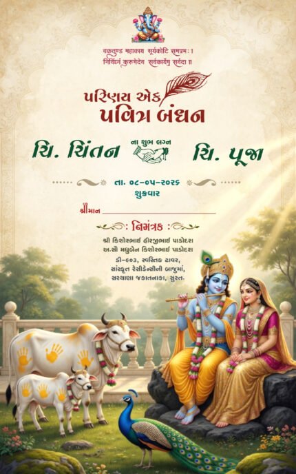 Traditional Gujarati wedding invitation with Radha Krishna, Gau Mata, peacock, royal palace and Indian Wedding Invitation 26NEW049