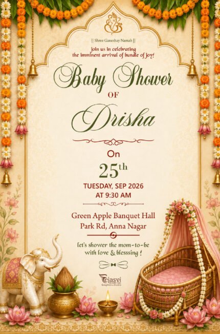 Traditional Marigold Baby Shower Invitation Card | Ganesh & Royal Cradle Theme | Indian Godh Bharai Invite BABYSHOWERENG202604