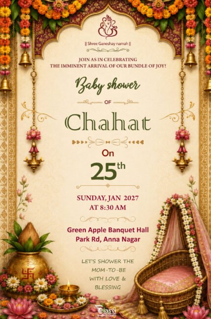 Royal Marigold Baby Shower Invitation Card | Traditional Ganesh & Cradle Theme | BABYSHOWERENG202606