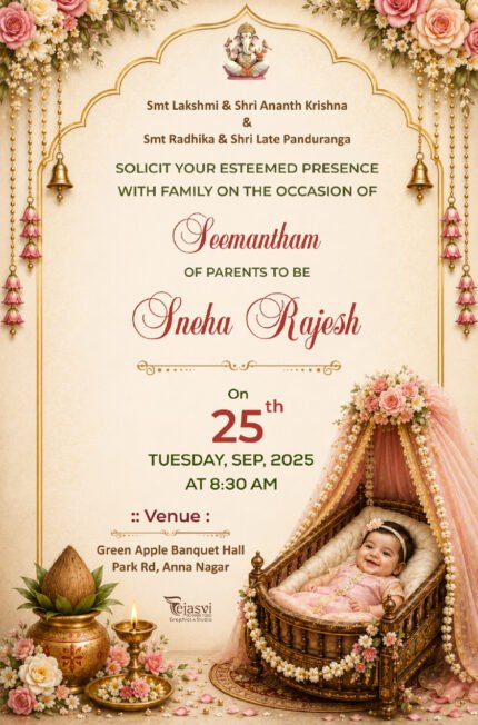 Seemantham Invitation Card – Premium Floral Baby Cradle & Ganesh Theme | Parents-to-Be Baby Shower Invite BABYSHOWERENG202610